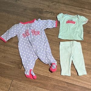 Baby newborn & 3 month Carters “little sister” set onesie sleeper, shirt, pants